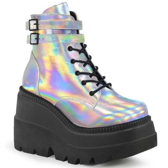 Botines Demonia Shaker-52 Wedge Platform Encaje Up Mujer Plateados | MUTHF5378