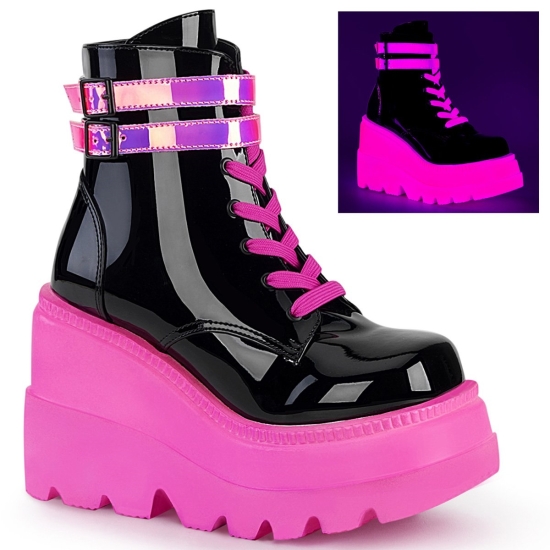Botines Demonia Shaker-52 Wedge Platform Encaje Up Mujer Negros / Rosas | WAGBI2340