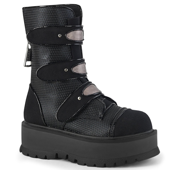 Botines Demonia Slacker-101 Platform Encaje Up Mid-Calf Lona Vegan Mujer Negros | GPQYU7365