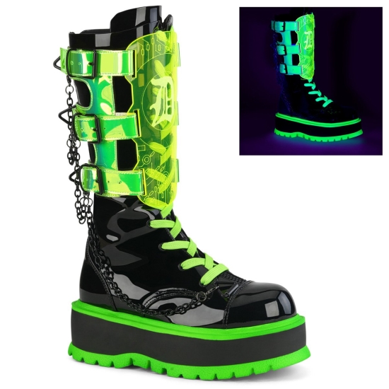 Botines Demonia Slacker-156 Platform Encaje Up Mid-Calf Mujer Negros / Verdes | SUJMC0715