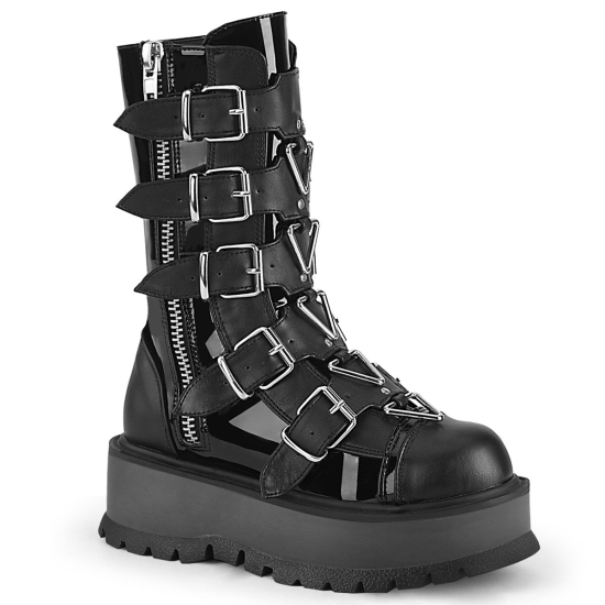 Botines Demonia Slacker-160 Platform Encaje Up Mid-Calf Cuero Vegan Mujer Negros | RWFEL2469
