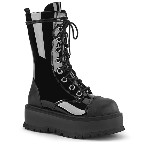 Botines Demonia Slacker-220-1 Platform Encaje Up Mid-Calf Cuero Vegan Mujer Negros | CRIPS4926