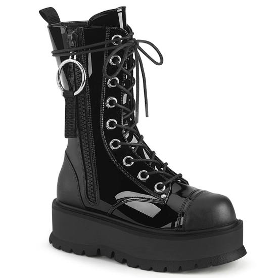 Botines Demonia Slacker-220 Platform Encaje Up Mid-Calf Cuero Vegan Mujer Negros | WVFMK3759