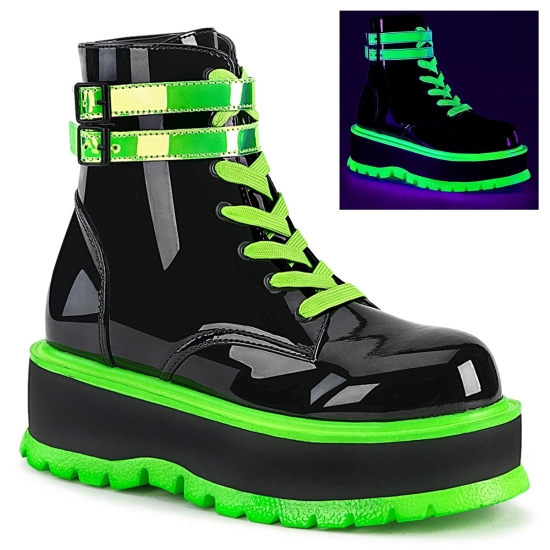 Botines Demonia Slacker-52 Platform Encaje Up Mujer Negros / Verdes | CQSZO9508