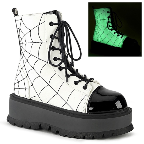 Botines Demonia Slacker-88 Platform Encaje Up Vegan Charol Mujer Blancos / Negros | TFJVC6819