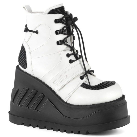 Botines Demonia Stomp-13 Wedge Platform Encaje Up Cuero Vegan Mujer Blancos | EZIGR6952