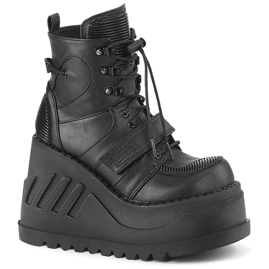 Botines Demonia Stomp-13 Wedge Platform Encaje Up Cuero Vegan Mujer Negros | FAIMV7901