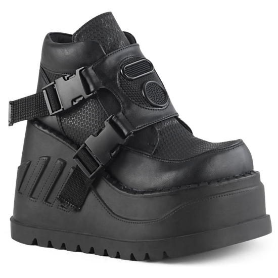 Botines Demonia Stomp-15 Wedge Platform Cuero Vegan Mujer Negros | LVTES8301