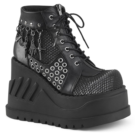 Botines Demonia Stomp-18 Platform Encaje Up Wedge Vegan Mujer Negros | SHYQZ9134