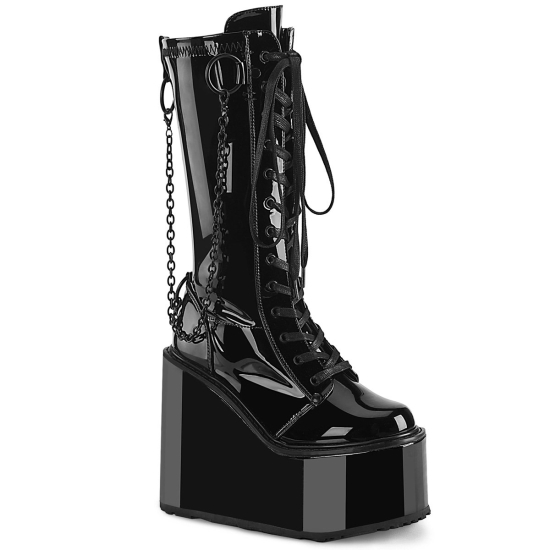 Botines Demonia Swing-150 Wedge Platform Encaje Up Charol Mujer Negros | SNHCY2306
