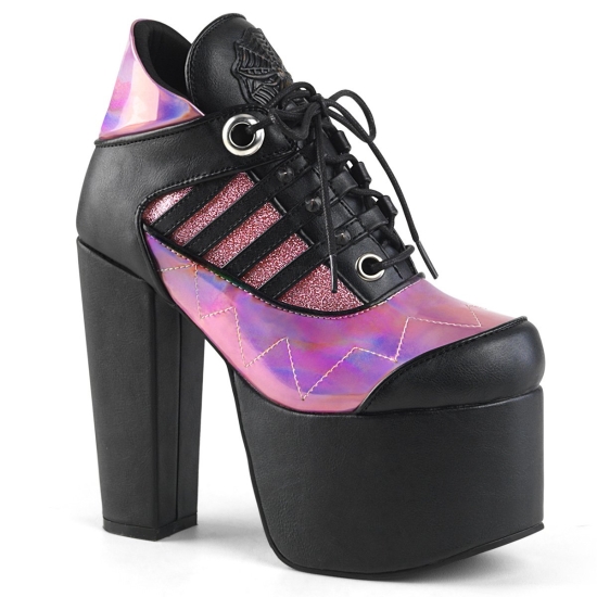 Botines Demonia Torment-216 Platform Encaje Up Vegan Mujer Negros / Rosas | ZKNBJ4239