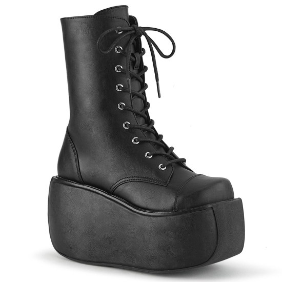 Botines Demonia Violet-120 Platform Encaje Up Cuero Vegan Mujer Negros | SWXNC3570