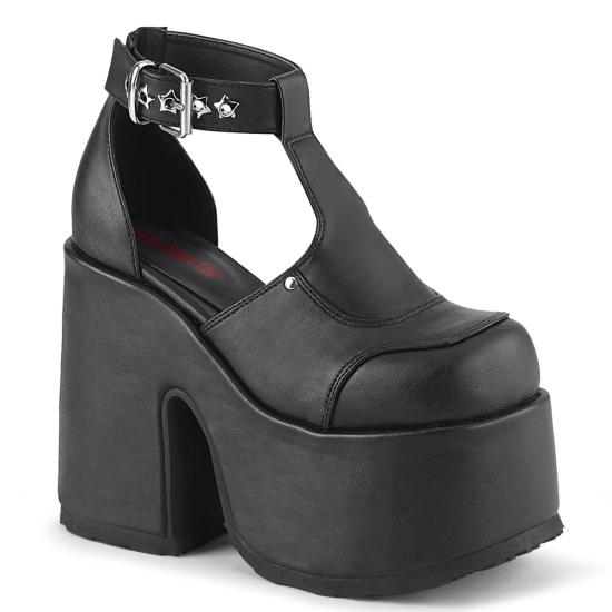 Sandalias Tacon Plataforma Demonia Camel-103 Cuero Vegan Mujer Negros | AOLIJ5920