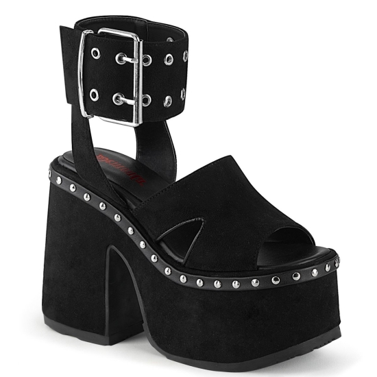 Sandalias Tacon Plataforma Demonia Camel-102 Gamuza Vegan Mujer Negros | NDYMK1849