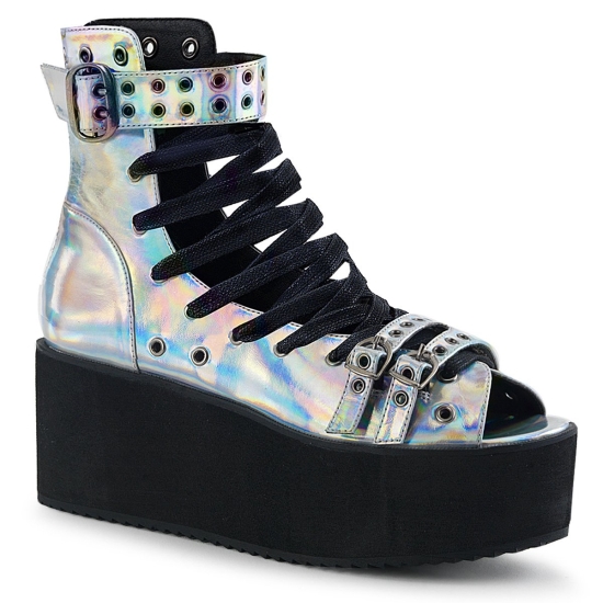 Sandalias Tacon Plataforma Demonia Grip-105 Encaje Up Cuero Vegan Mujer Plateados | FRACG7249