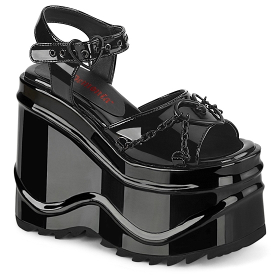 Sandalias Tacon Plataforma Demonia Wave-09 Wedge Charol Mujer Negros | XPBAE2084