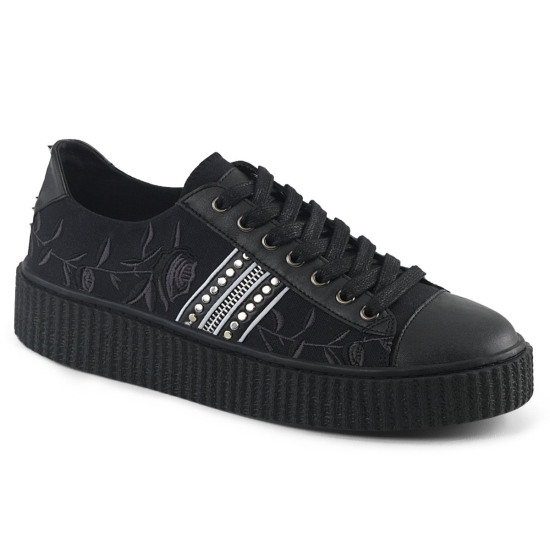 Tenis Demonia Sneeker-106 Platform Encaje Up Low Tops Cuero Lona Hombre Negros / Negros | BLUNG9203