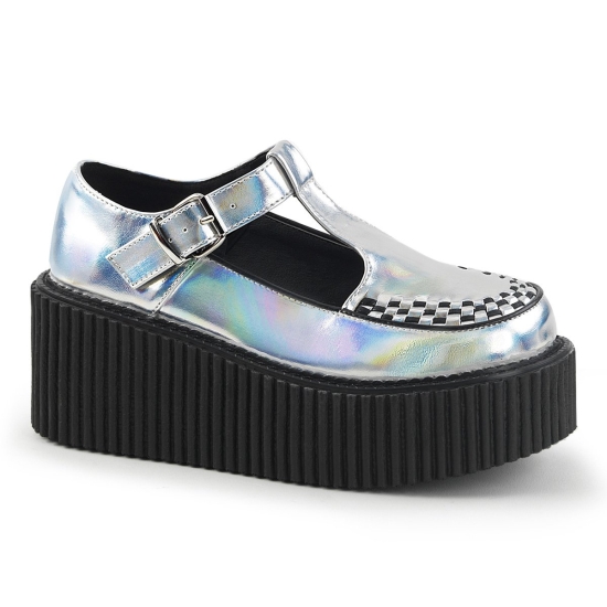 Zapatos Creepers Demonia Creeper-214 Platform T-Correa Mujer Plateados | GLDIS8739