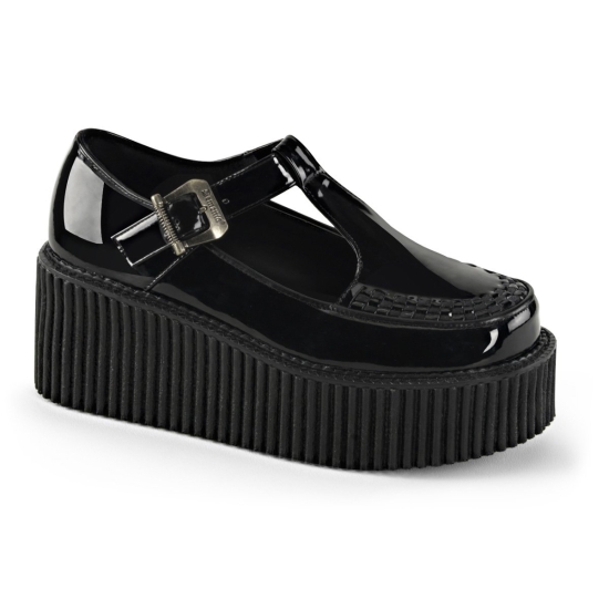 Zapatos Creepers Demonia Creeper-214 Platform T-Correa Charol Mujer Negros | RPEQJ5017