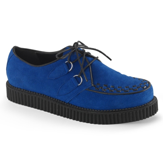 Zapatos Creepers Demonia Creeper-602S Platform Encaje Up Rockabilly Punk Gamuza Hombre Azul Rey Azul