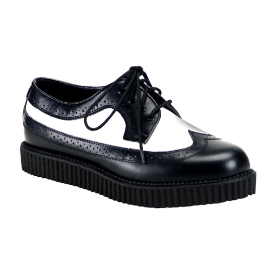 Zapatos Creepers Demonia Creeper-608 Platform Rockabilly Punk Cuero Hombre Negros / Blancos | LWHIB