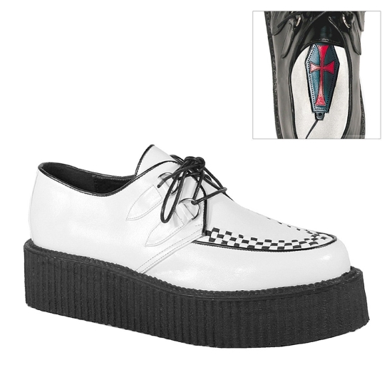 Zapatos Creepers Demonia V-CREEPER-502 Platform Goth Punk Cuero Vegan Hombre Blancos | JIASM0152