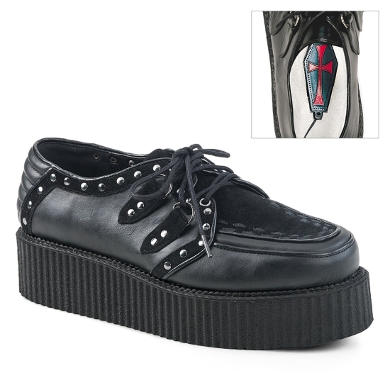 Zapatos Creepers Demonia V-CREEPER-535 Platform Gamuza Vegan Hombre Negros | ZNGAM3162