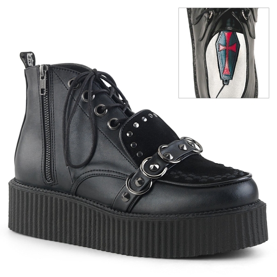 Zapatos Creepers Demonia V-CREEPER-555 Platform Encaje Up Gamuza Vegan Hombre Negros | NEZAJ3817