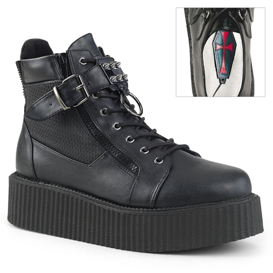 Zapatos Creepers Demonia V-CREEPER-566 Platform Encaje Up Cuero Vegan Hombre Negros | BFJGH8679