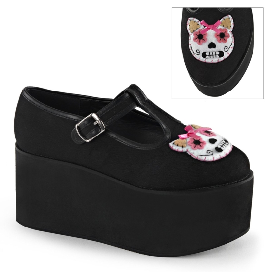 Zapatos Plataforma Demonia Click-04-1 T Correa Lona Mujer Negros | ELCPF1928