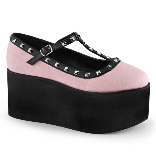 Zapatos Plataforma Demonia Click-07 Two Tone T-Correa Lona Mujer Rosas | IVYAJ9642