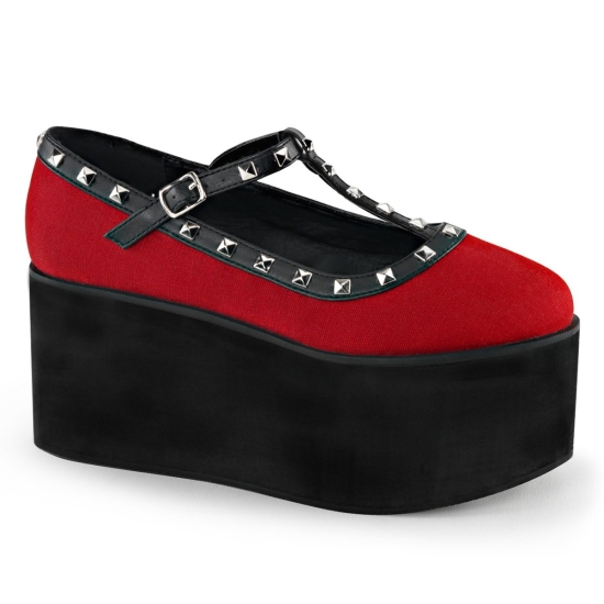 Zapatos Plataforma Demonia Click-07 Two Tone T-Correa Lona Mujer Rojos | ODUIV5370
