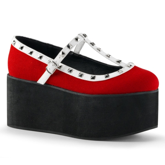 Zapatos Plataforma Demonia Click-07 Two Tone T-Correa Cuero Lona Vegan Mujer Rojos / Negros / Blanco