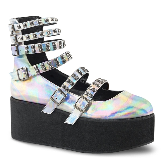 Zapatos Plataforma Demonia Grip-31 Mary Jane Cuero Vegan Mujer Plateados | ZFULJ3784