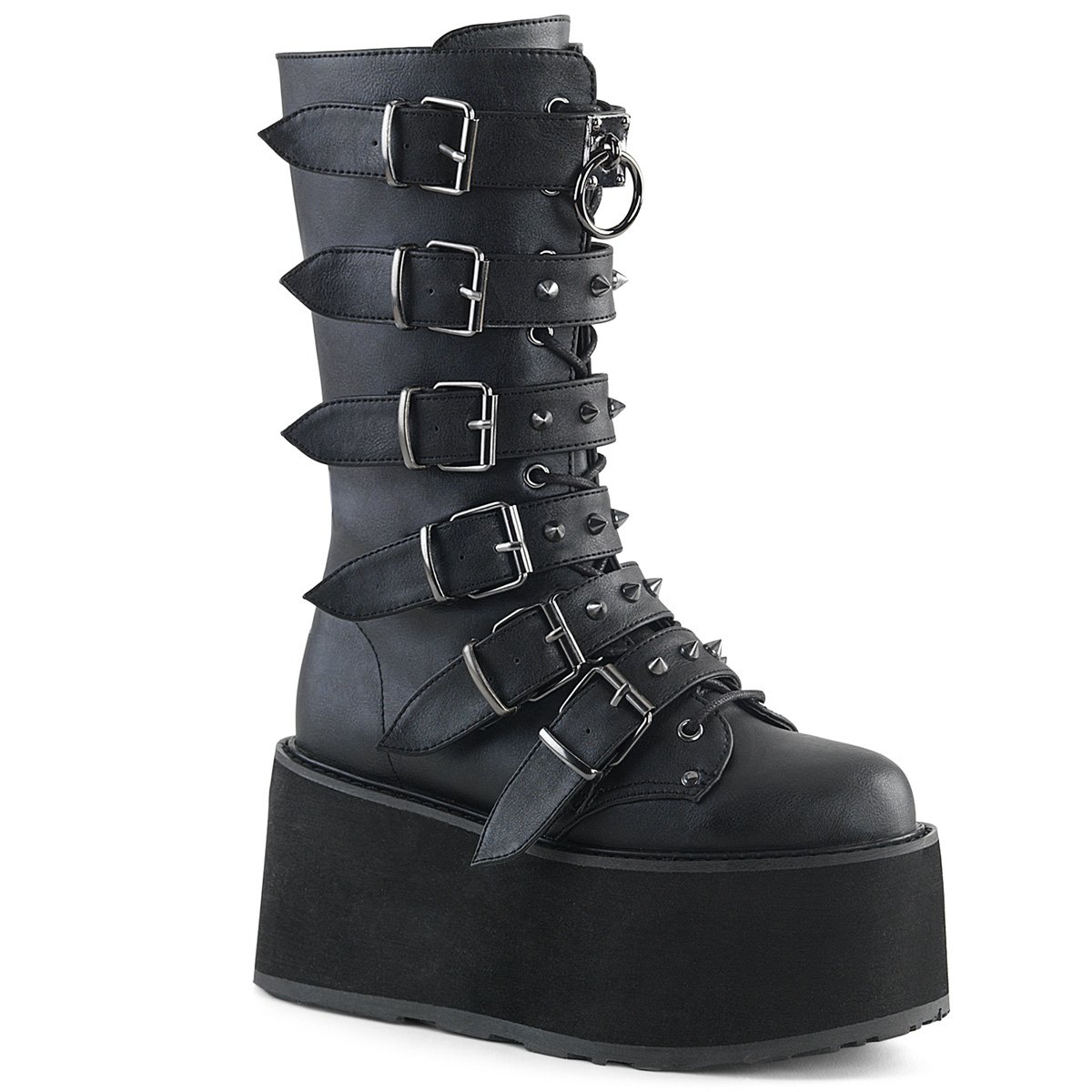 Botas Hasta La Rodilla Demonia Damned-225 Platform Encaje Up Mid-Calf Cuero Vegan Mujer Negros | XB